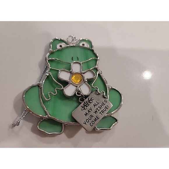 Stained Glass Frog Suncatcher Window Ornament - 3" Small Green Flower Ganz - Picture 2 of 3